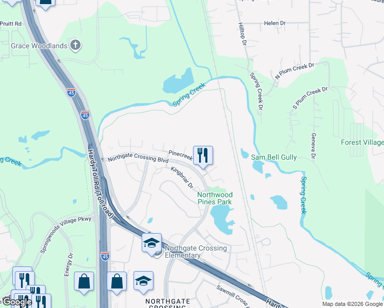 map of restaurants, bars, coffee shops, grocery stores, and more near 24027 Pinecreek Point in Spring