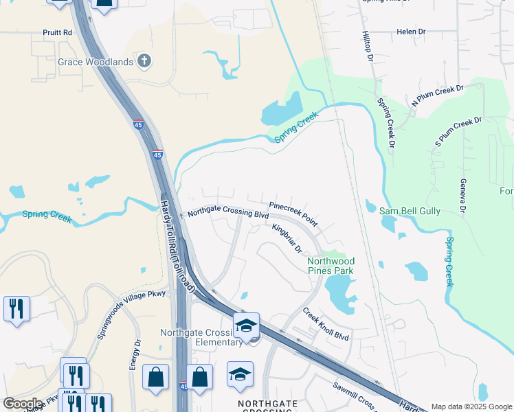 map of restaurants, bars, coffee shops, grocery stores, and more near 1003 Backland Court in Spring