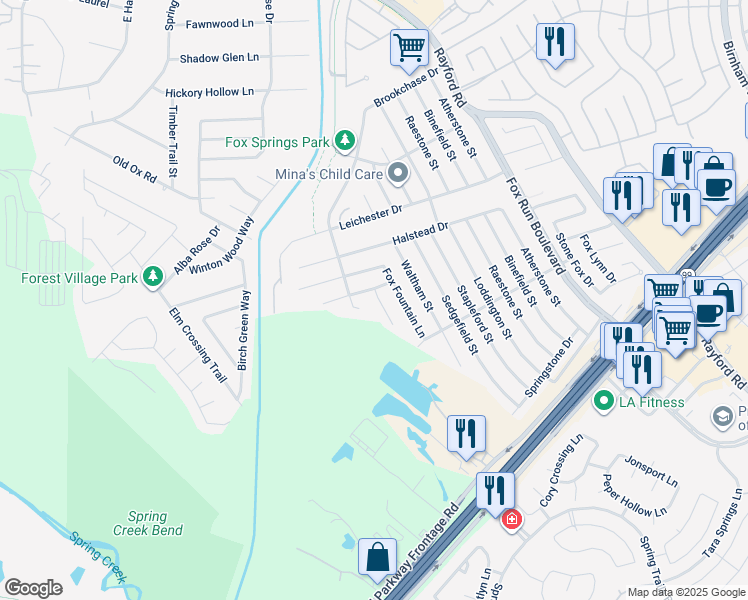 map of restaurants, bars, coffee shops, grocery stores, and more near 29119 Foxingham Circle in Spring