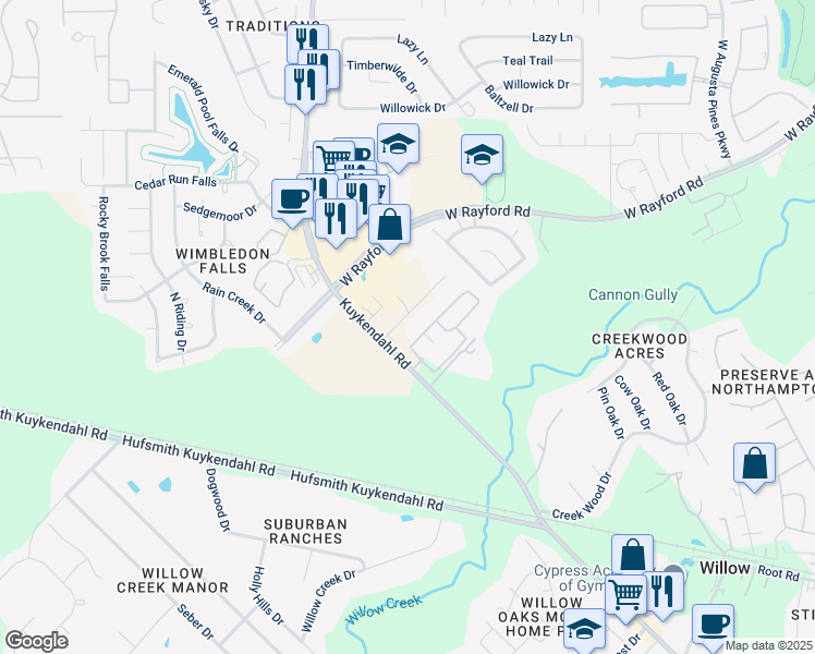 map of restaurants, bars, coffee shops, grocery stores, and more near 8003 Hennessy Lane in Spring