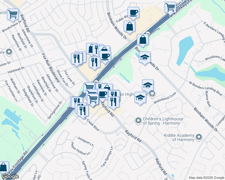 map of restaurants, bars, coffee shops, grocery stores, and more near 28603 Lockeridge View Drive in Spring