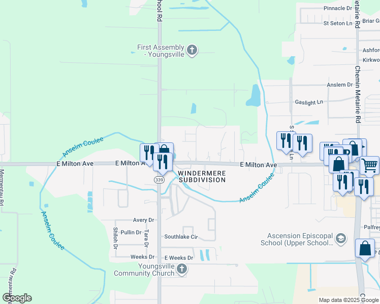 map of restaurants, bars, coffee shops, grocery stores, and more near 2245 E Milton Ave in Youngsville