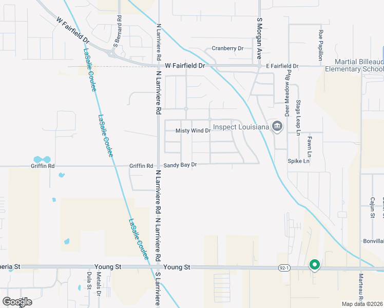 map of restaurants, bars, coffee shops, grocery stores, and more near Sandy Bay Drive in Broussard