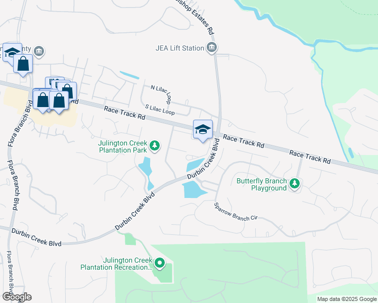 map of restaurants, bars, coffee shops, grocery stores, and more near 3180 Race Track Road in Saint Johns