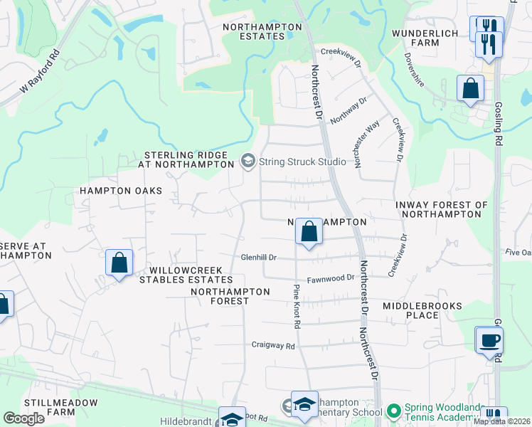 map of restaurants, bars, coffee shops, grocery stores, and more near 23903 Forestcrest Drive in Spring