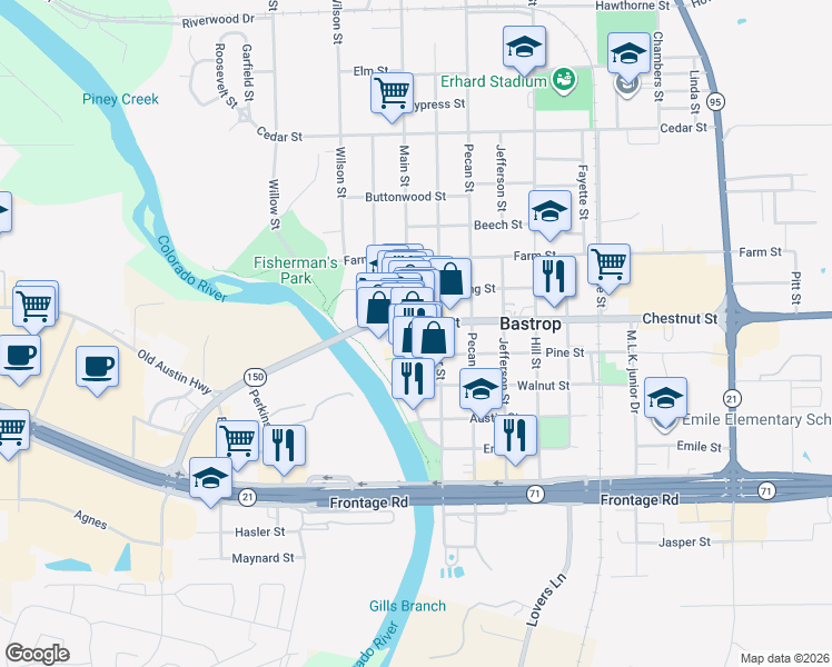 map of restaurants, bars, coffee shops, grocery stores, and more near 906 Main Street in Bastrop