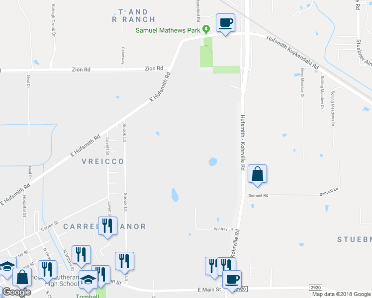 map of restaurants, bars, coffee shops, grocery stores, and more near 24053 Hufsmith Kohrville Road in Tomball
