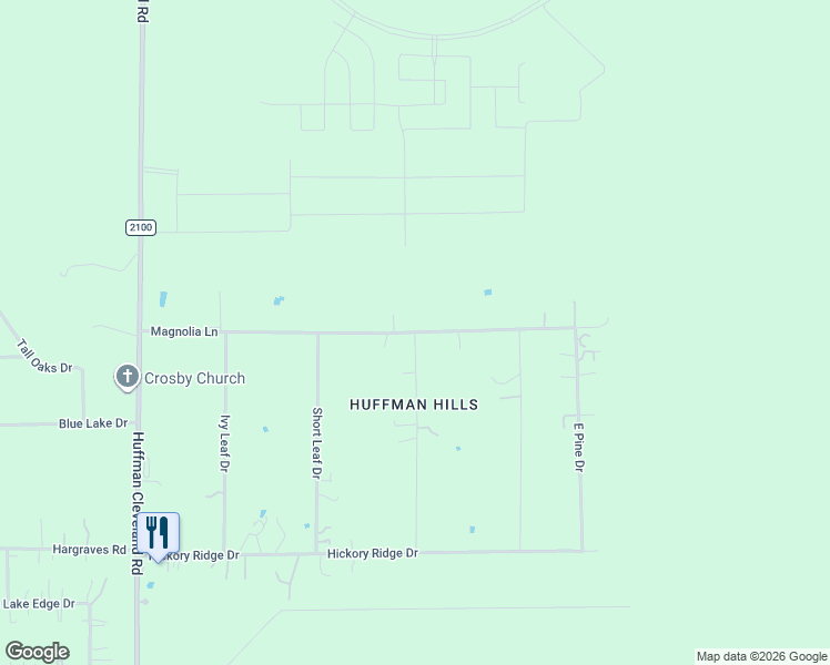 map of restaurants, bars, coffee shops, grocery stores, and more near 36 Magnolia Lane in Huffman