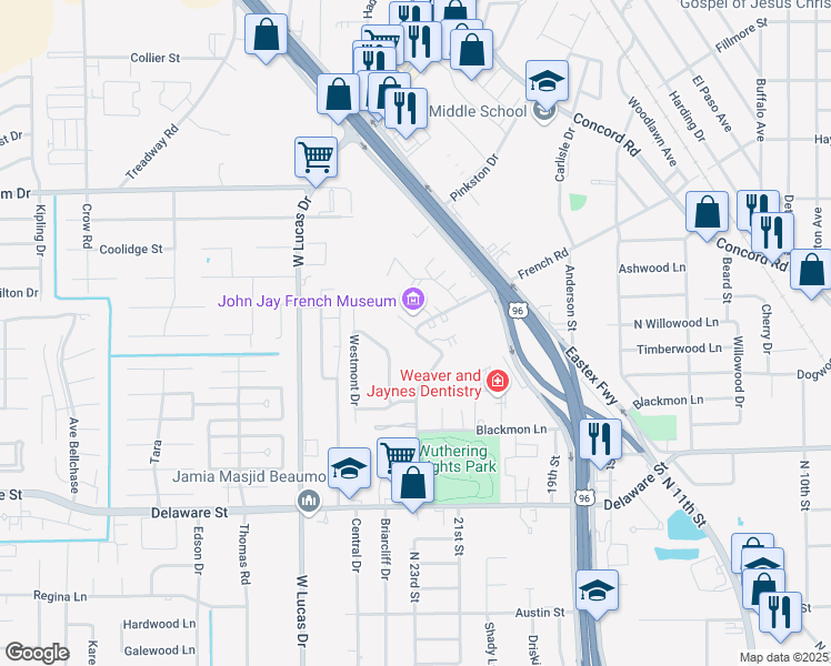 map of restaurants, bars, coffee shops, grocery stores, and more near 2995 French Road in Beaumont