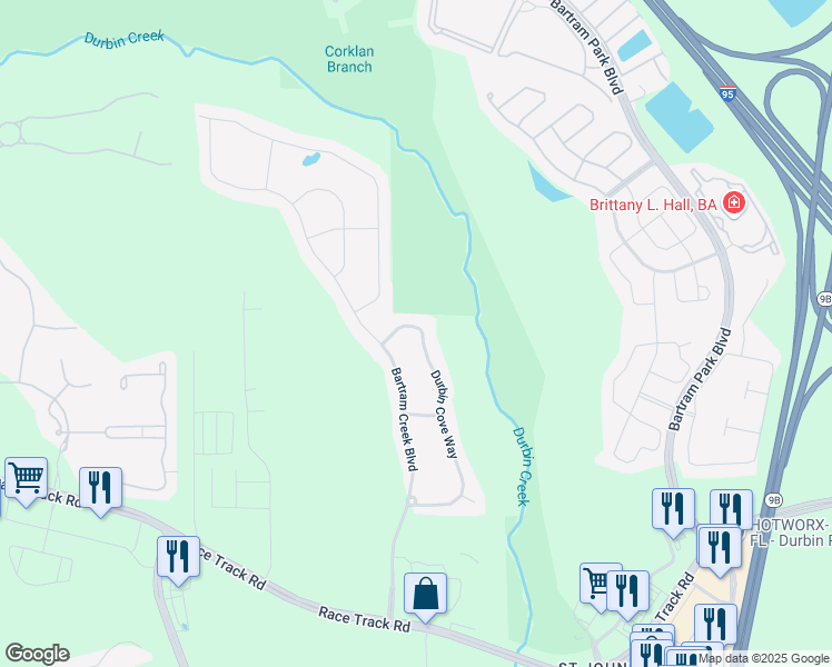 map of restaurants, bars, coffee shops, grocery stores, and more near 14899 Durbin Cove Way in Jacksonville