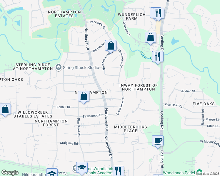map of restaurants, bars, coffee shops, grocery stores, and more near 6114 Jadecrest Court in Spring