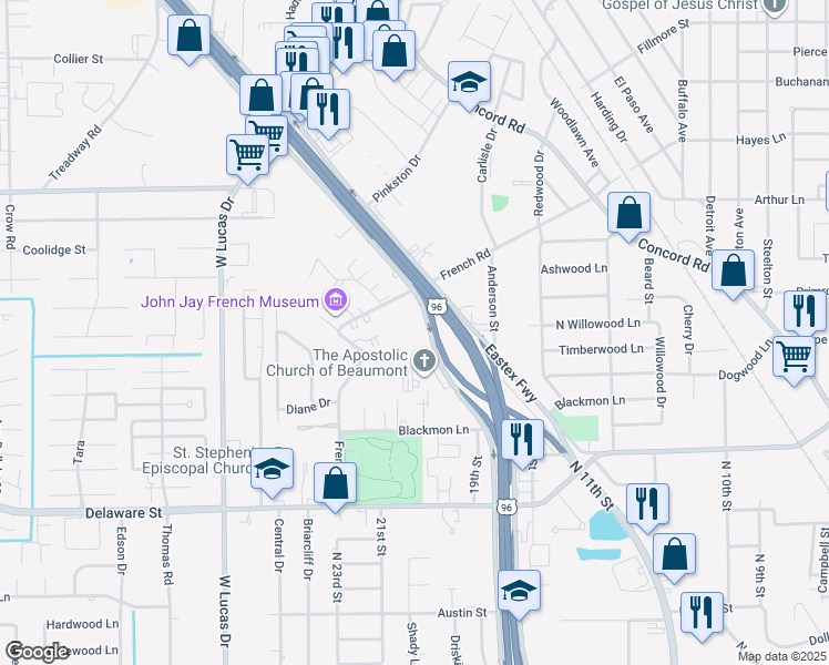 map of restaurants, bars, coffee shops, grocery stores, and more near 3355 Eastex Freeway in Beaumont