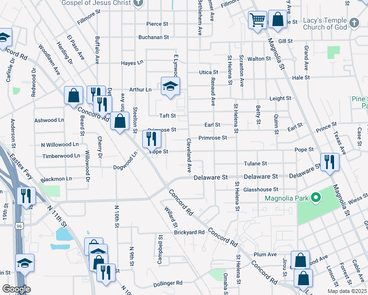 map of restaurants, bars, coffee shops, grocery stores, and more near 3385 Cleveland Ave in Beaumont