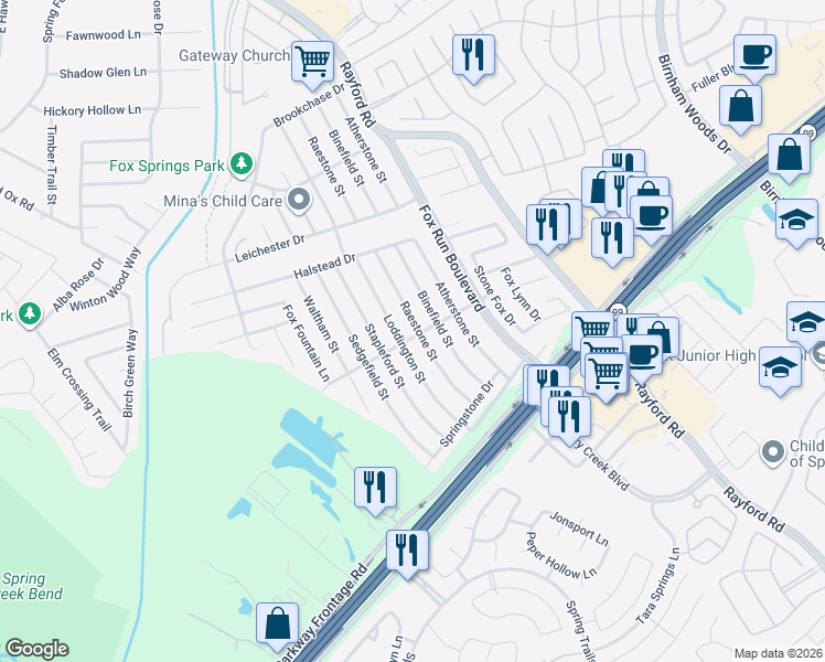 map of restaurants, bars, coffee shops, grocery stores, and more near 29019 Raestone Street in Spring
