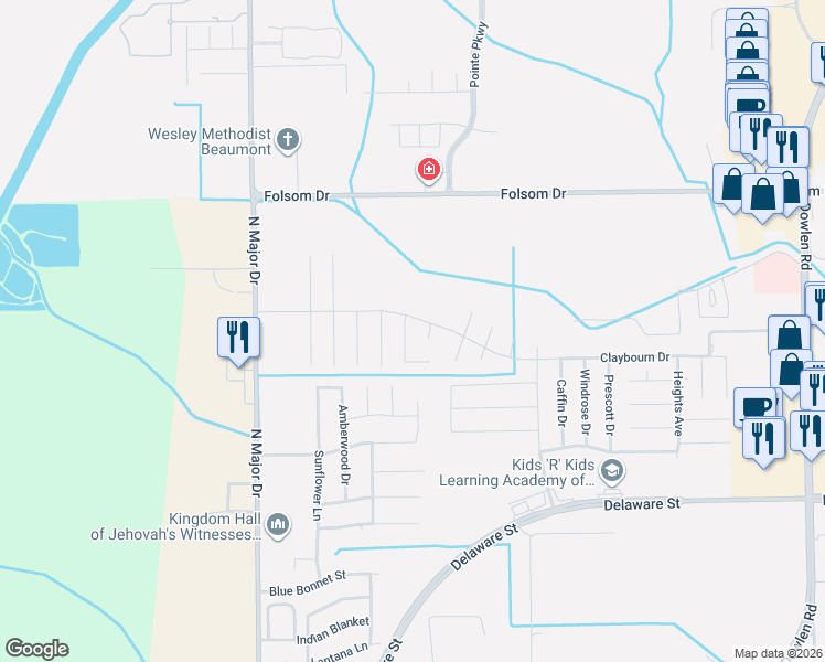 map of restaurants, bars, coffee shops, grocery stores, and more near 3560 Abby Lane in Beaumont
