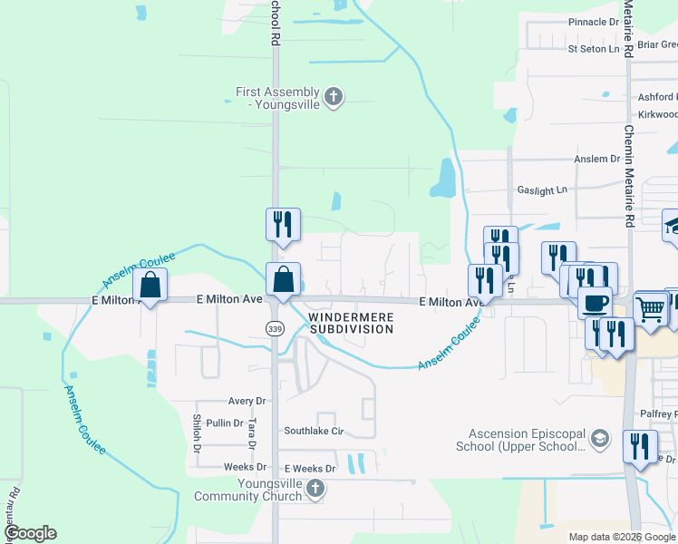 map of restaurants, bars, coffee shops, grocery stores, and more near 2245 East Milton Avenue in Youngsville