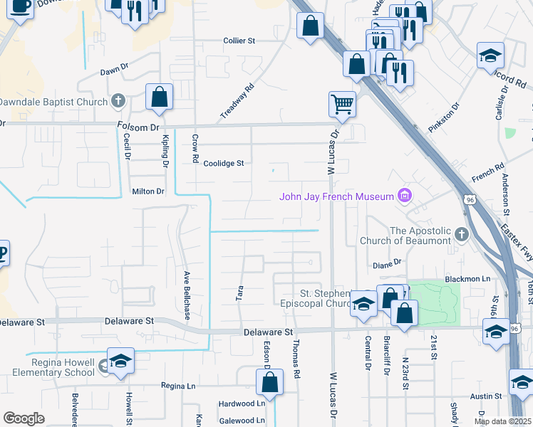 map of restaurants, bars, coffee shops, grocery stores, and more near 4565 Ford Street in Beaumont