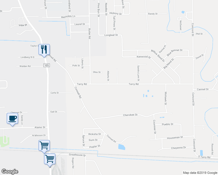 map of restaurants, bars, coffee shops, grocery stores, and more near 1098 Terry Road in Vidor