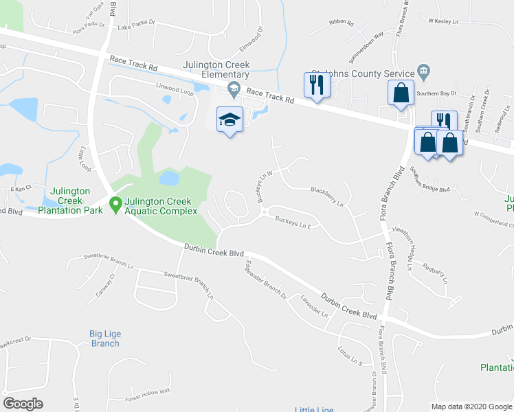 map of restaurants, bars, coffee shops, grocery stores, and more near 804 Buckeye Lane West in Saint Johns
