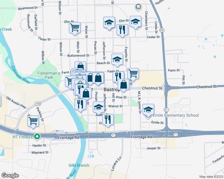 map of restaurants, bars, coffee shops, grocery stores, and more near in Bastrop