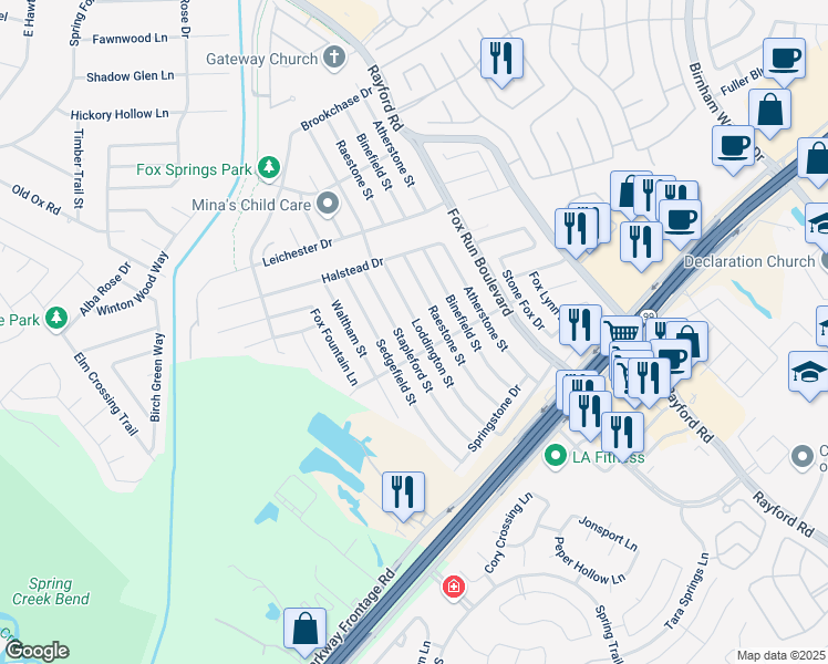 map of restaurants, bars, coffee shops, grocery stores, and more near 29019 Raestone Street in Spring