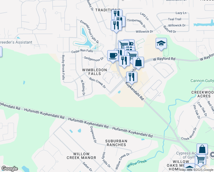 map of restaurants, bars, coffee shops, grocery stores, and more near 24014 Rain Creek Drive in Tomball