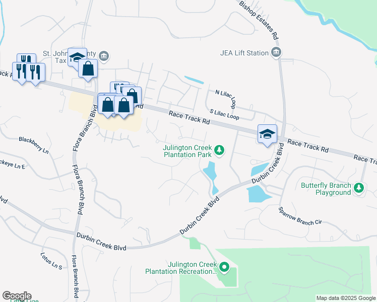 map of restaurants, bars, coffee shops, grocery stores, and more near 924 Buttercup Drive in Jacksonville