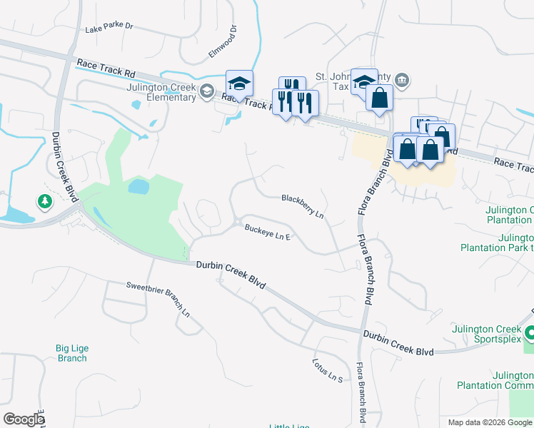 map of restaurants, bars, coffee shops, grocery stores, and more near 956 Blackberry Lane in Jacksonville