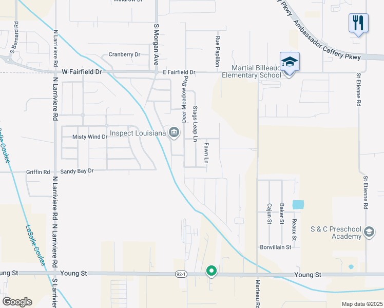 map of restaurants, bars, coffee shops, grocery stores, and more near 311 Stags Leap Lane in Broussard
