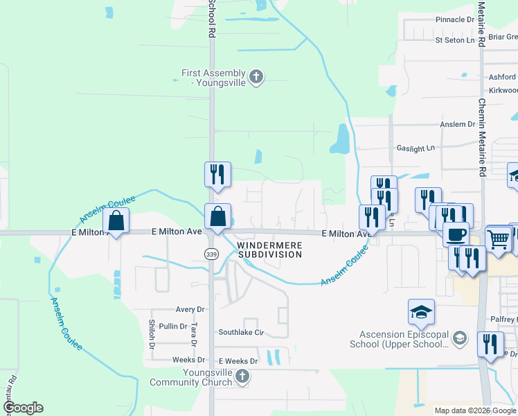 map of restaurants, bars, coffee shops, grocery stores, and more near 2245 East Milton Avenue in Youngsville