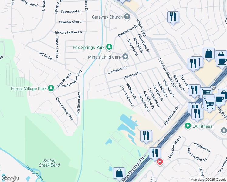map of restaurants, bars, coffee shops, grocery stores, and more near 2506 Fox River Lane in Spring