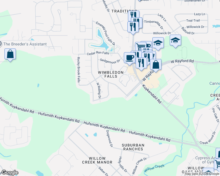 map of restaurants, bars, coffee shops, grocery stores, and more near 24110 Melina Lane in Tomball