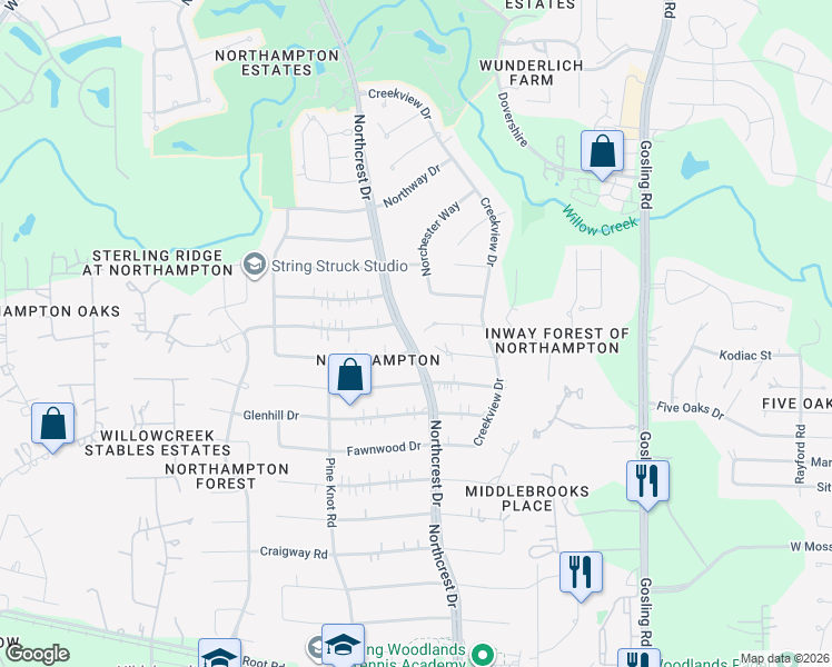 map of restaurants, bars, coffee shops, grocery stores, and more near 6134 Jadecrest Court in Spring