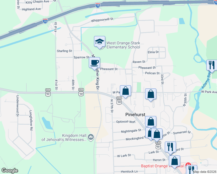 map of restaurants, bars, coffee shops, grocery stores, and more near 3820 West Park Avenue in Orange