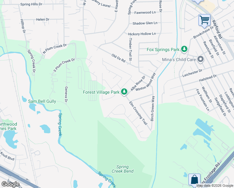 map of restaurants, bars, coffee shops, grocery stores, and more near 2388 Elm Crossing Trail in Spring