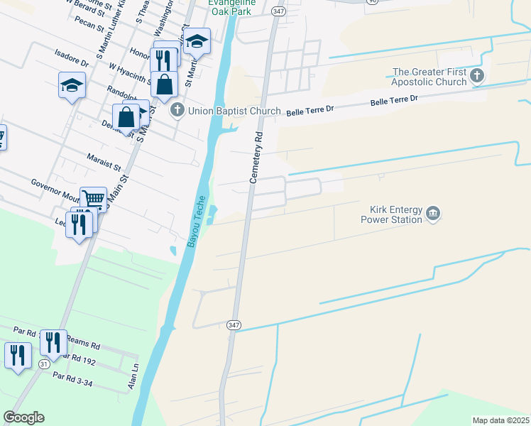 map of restaurants, bars, coffee shops, grocery stores, and more near 6799 Cemetary Highway in Saint Martinville