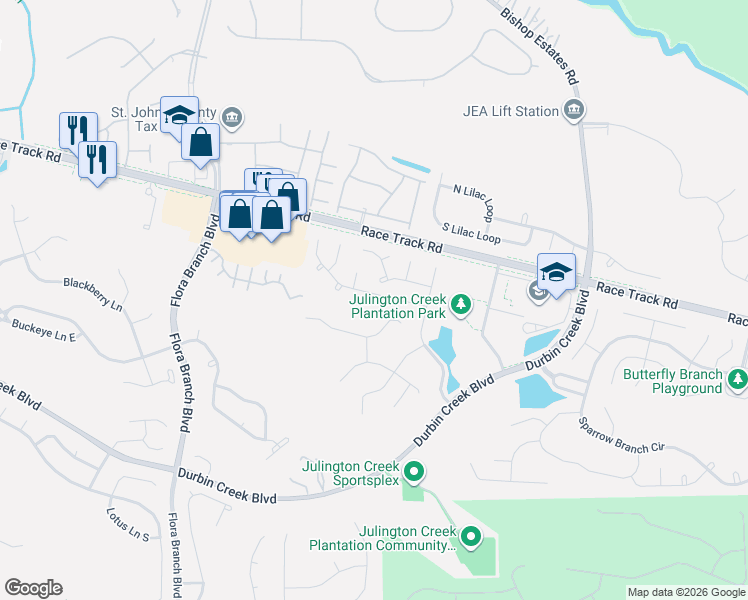 map of restaurants, bars, coffee shops, grocery stores, and more near 956 Buttercup Drive in Saint Johns