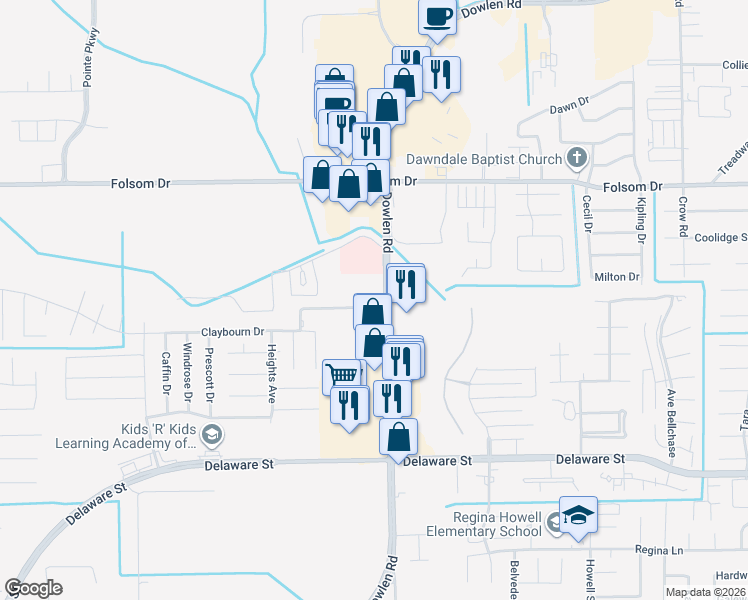 map of restaurants, bars, coffee shops, grocery stores, and more near 6135 Barrington Avenue in Beaumont
