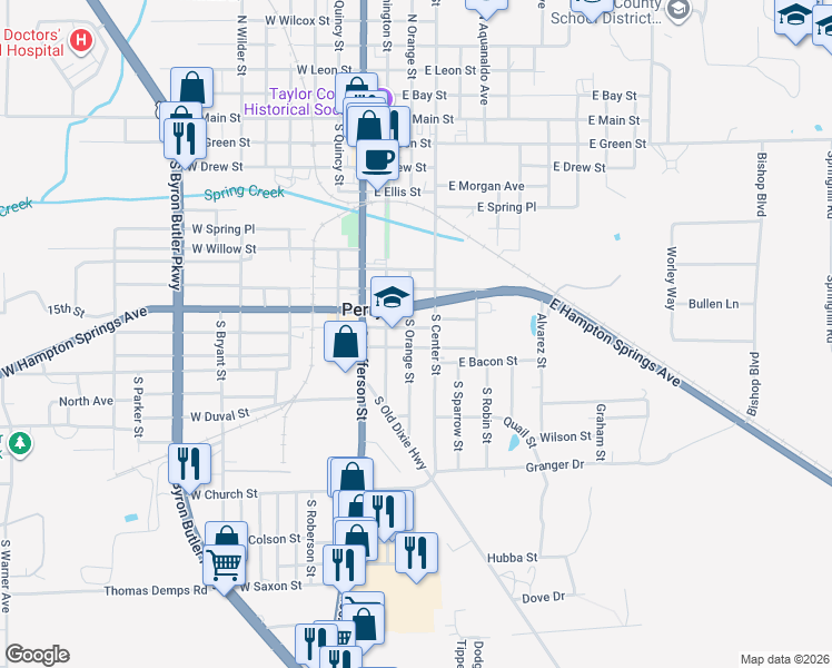 map of restaurants, bars, coffee shops, grocery stores, and more near 1000 South Orange Street in Perry