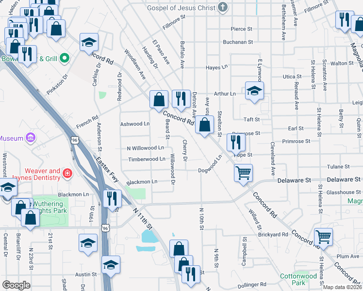 map of restaurants, bars, coffee shops, grocery stores, and more near 3302 Cherry Drive in Beaumont
