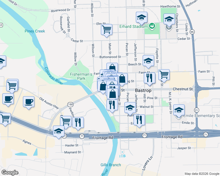 map of restaurants, bars, coffee shops, grocery stores, and more near 1006 Main Street in Bastrop