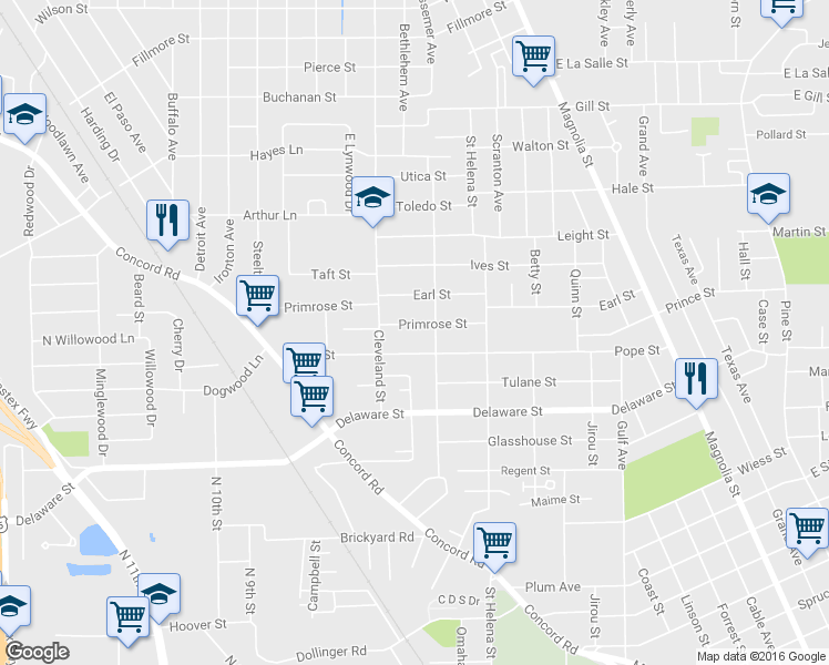 map of restaurants, bars, coffee shops, grocery stores, and more near 2175 Primrose Street in Beaumont