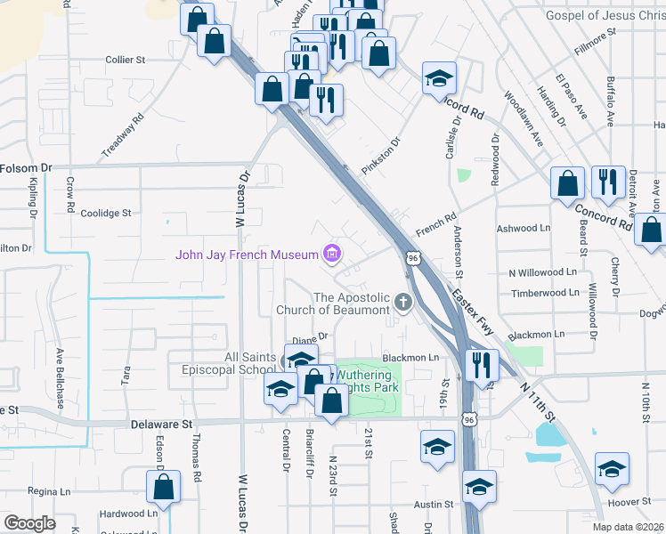 map of restaurants, bars, coffee shops, grocery stores, and more near 3025 French Road in Beaumont