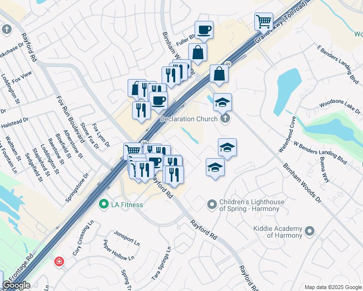 map of restaurants, bars, coffee shops, grocery stores, and more near 28610 Lockeridge Springs Drive in Spring