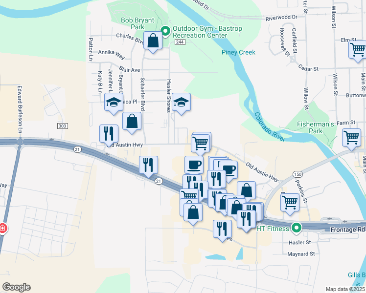 map of restaurants, bars, coffee shops, grocery stores, and more near 506 Old Austin Highway in Bastrop