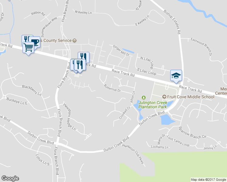 map of restaurants, bars, coffee shops, grocery stores, and more near 960 Buttercup Drive in Saint Johns