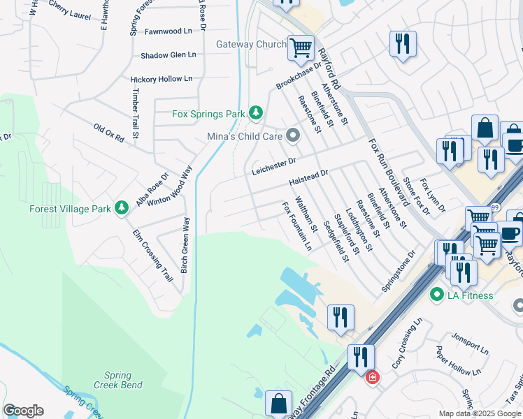 map of restaurants, bars, coffee shops, grocery stores, and more near 2506 Fox River Lane in Spring