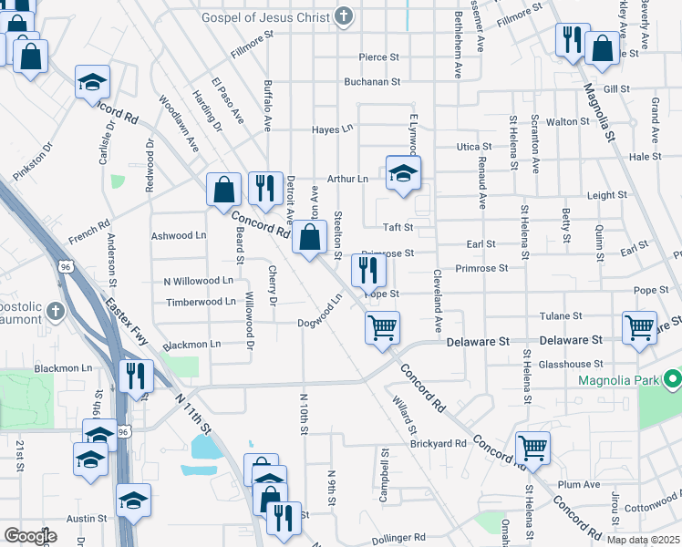map of restaurants, bars, coffee shops, grocery stores, and more near 3370 Concord Rd in Beaumont