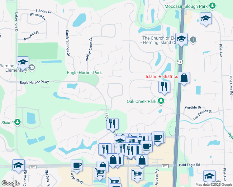 map of restaurants, bars, coffee shops, grocery stores, and more near 1776 Fiddlers Ridge Drive in Orange Park