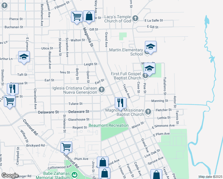 map of restaurants, bars, coffee shops, grocery stores, and more near 3240 Magnolia Street in Beaumont